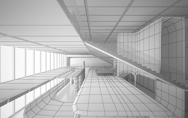 Abstract drawing white interior multilevel public space with window. 3D illustration and rendering.