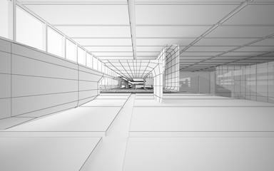 Abstract drawing white interior multilevel public space with window. 3D illustration and rendering.