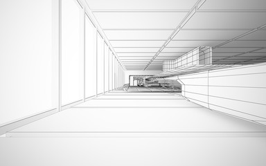 Abstract drawing white interior multilevel public space with window. 3D illustration and rendering.