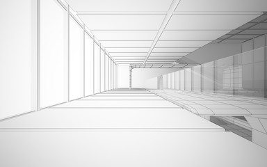 Abstract drawing white interior multilevel public space with window. 3D illustration and rendering.