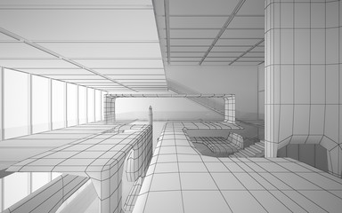 Abstract drawing white interior multilevel public space with window. 3D illustration and rendering.