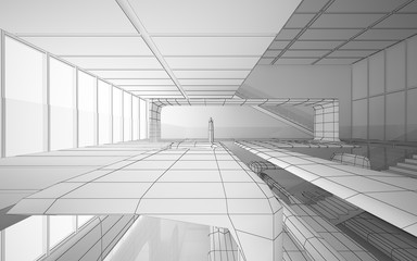 Abstract drawing white interior multilevel public space with window. 3D illustration and rendering.