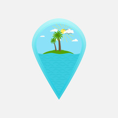 Bright color vector illustration of map pin with sea, small island and palm.