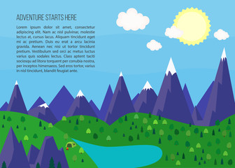 Bright vector illustration with mountains, trees, lake, tent, fire and place for text. Template for brochure, web and advertising banner, poster, business concept, advertisement of travel agency.