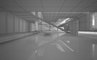 Abstract drawing white interior multilevel public space with window. 3D illustration and rendering.