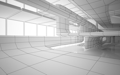 Abstract drawing white interior multilevel public space with window. 3D illustration and rendering.