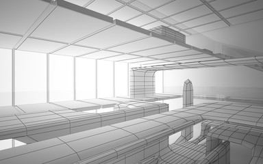 Abstract drawing white interior multilevel public space with window. 3D illustration and rendering.