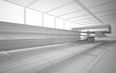 Abstract drawing white interior multilevel public space with window. 3D illustration and rendering.