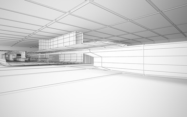 Abstract drawing white interior multilevel public space with window. 3D illustration and rendering.