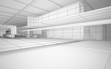 Abstract drawing white interior multilevel public space with window. 3D illustration and rendering.