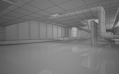 Abstract drawing white interior multilevel public space with window. 3D illustration and rendering.