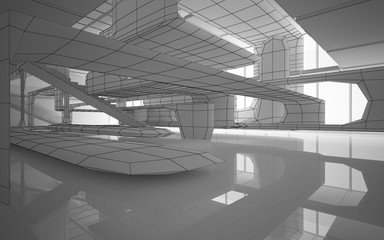 Abstract drawing white interior multilevel public space with window. 3D illustration and rendering.