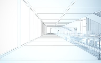 Abstract drawing white interior multilevel public space with window. 3D illustration and rendering.