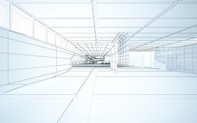 Abstract drawing white interior multilevel public space with window. 3D illustration and rendering.