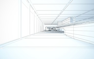 Abstract drawing white interior multilevel public space with window. 3D illustration and rendering.