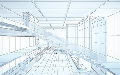 Abstract drawing white interior multilevel public space with window. 3D illustration and rendering.