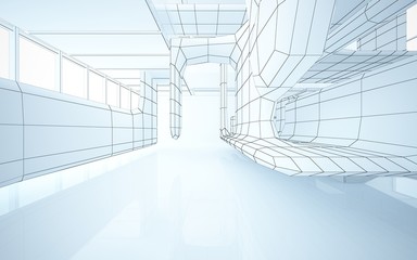 Abstract drawing white interior multilevel public space with window. 3D illustration and rendering.