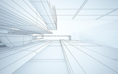 Abstract drawing white interior multilevel public space with window. 3D illustration and rendering.