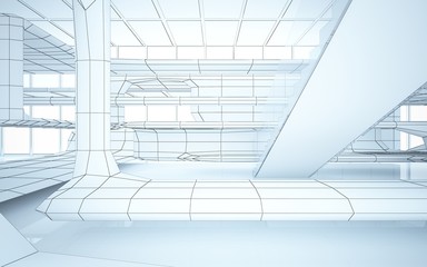 Abstract drawing white interior multilevel public space with window. 3D illustration and rendering.