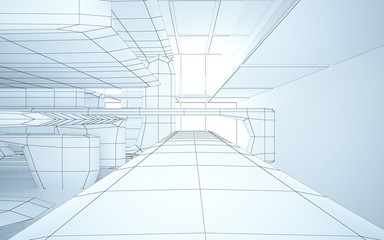 Abstract drawing white interior multilevel public space with window. 3D illustration and rendering.