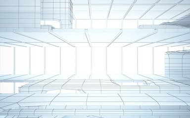 Abstract drawing white interior multilevel public space with window. 3D illustration and rendering.