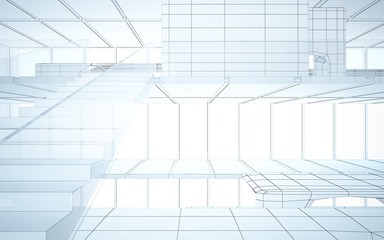 Abstract drawing white interior multilevel public space with window. 3D illustration and rendering.
