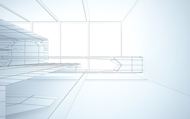 Abstract drawing white interior multilevel public space with window. 3D illustration and rendering.