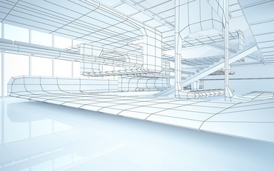 Abstract drawing white interior multilevel public space with window. 3D illustration and rendering.