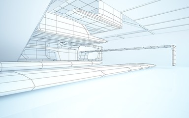 Abstract drawing white interior multilevel public space with window. 3D illustration and rendering.