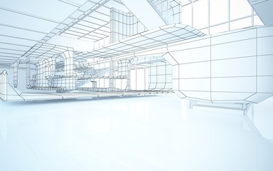 Abstract drawing white interior multilevel public space with window. 3D illustration and rendering.