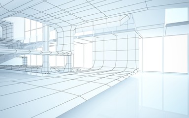 Abstract drawing white interior multilevel public space with window. 3D illustration and rendering.