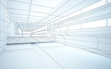 Abstract drawing white interior multilevel public space with window. 3D illustration and rendering.