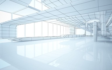 Abstract drawing white interior multilevel public space with window. 3D illustration and rendering.