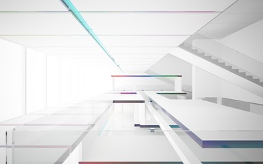 Abstract white and colored gradient glasses interior multilevel public space with window. 3D illustration and rendering.