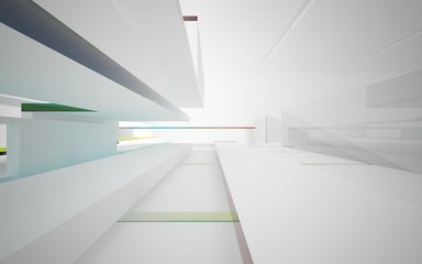 Obraz premium Abstract white and colored gradient glasses interior multilevel public space with window. 3D illustration and rendering.