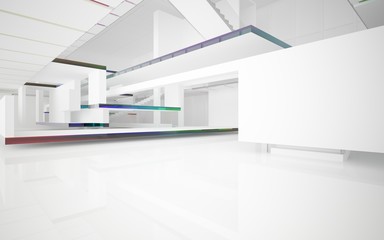 Abstract white and colored gradient glasses interior multilevel public space with window. 3D illustration and rendering.