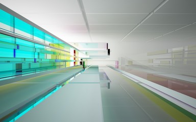 Obraz premium Abstract white and colored gradient glasses interior multilevel public space with window. 3D illustration and rendering.