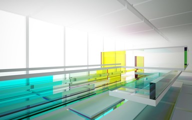 Abstract white and colored gradient glasses interior multilevel public space with window. 3D illustration and rendering.