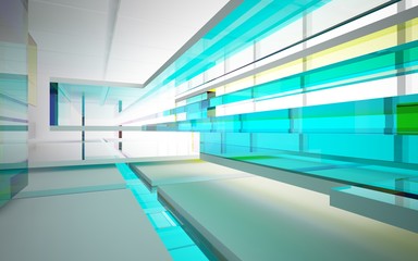 Abstract white and colored gradient glasses interior multilevel public space with window. 3D illustration and rendering.