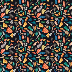 Granite, Terrazzo & Tile. Terrazzo seamless pattern. Vibrant colors. Textured shapes. Granite textured shapes in vibran. Hand drawn Patterns. Colorful hand drawn design for textiles, dishes, surface.