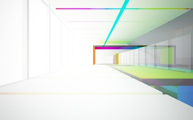 Abstract white and colored gradient glasses interior multilevel public space with window. 3D illustration and rendering.