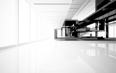 Abstract white and black interior multilevel public space with window. 3D illustration and rendering.