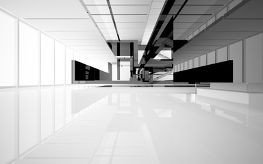 Abstract white and black interior multilevel public space with window. 3D illustration and rendering.