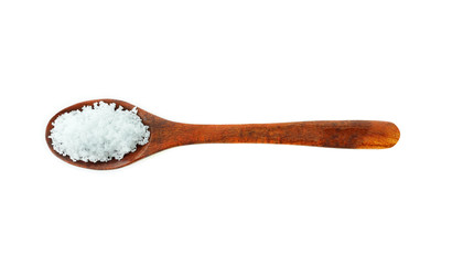 wood spoon salt on white background