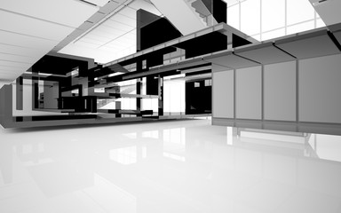 Abstract white and black interior multilevel public space with window. 3D illustration and rendering.