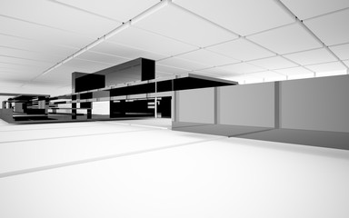 Abstract white and black interior multilevel public space with window. 3D illustration and rendering.