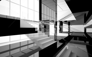 Obraz premium Abstract white and black interior multilevel public space with window. 3D illustration and rendering.
