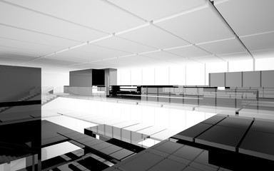 Abstract white and black interior multilevel public space with window. 3D illustration and rendering.