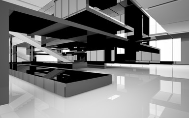 Abstract white and black interior multilevel public space with window. 3D illustration and rendering.