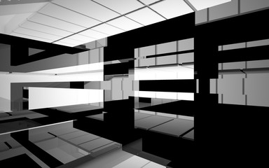 Abstract white and black interior multilevel public space with window. 3D illustration and rendering.